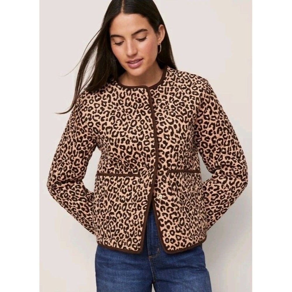Ann Taylor Weekend Leopard Quilted Jacket Sz 14 Animal Print Cardigan Blazer NWT